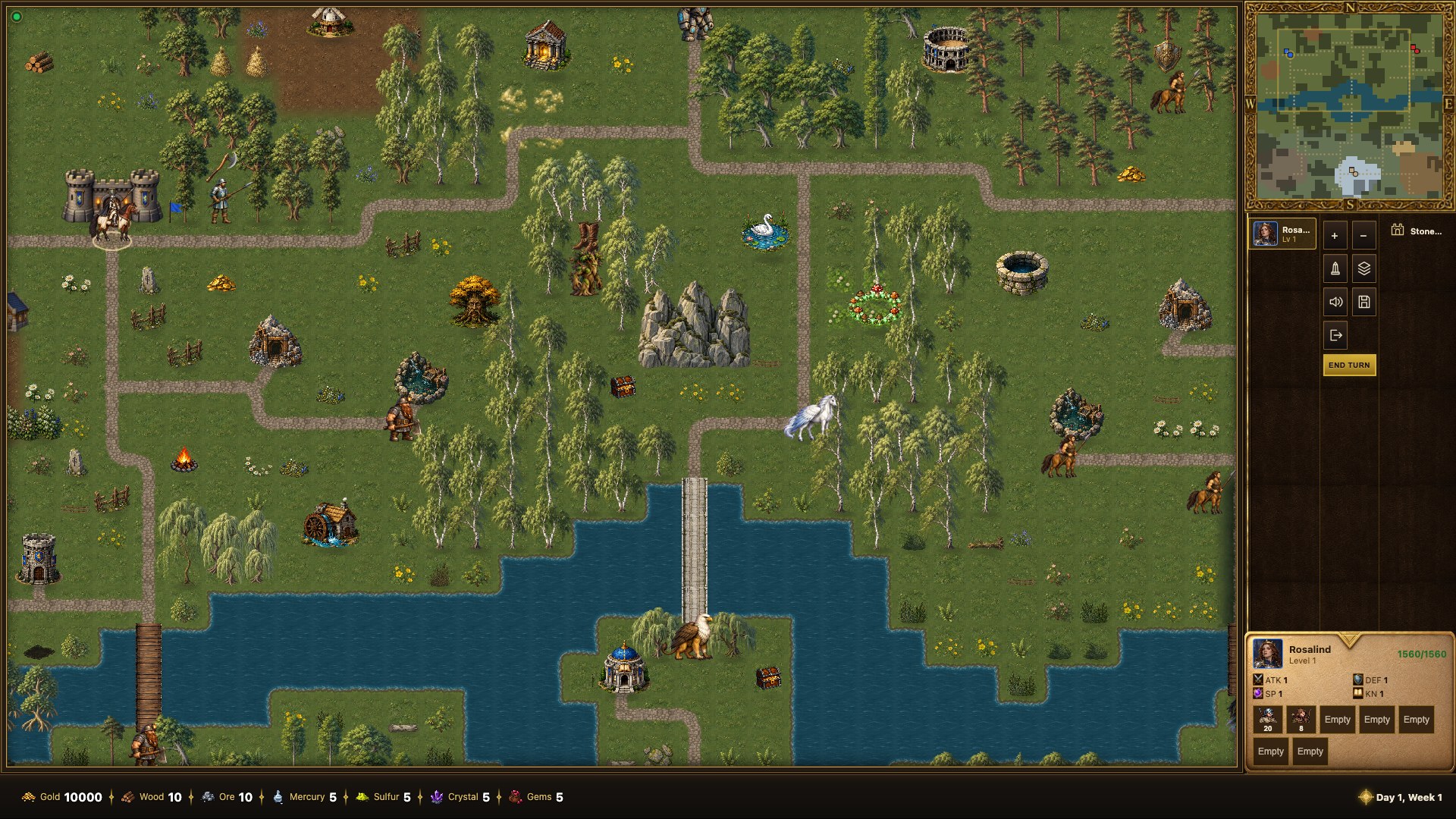 Adventure gameplay: a hero explores woodland roads, guarded treasures, and a river crossing.