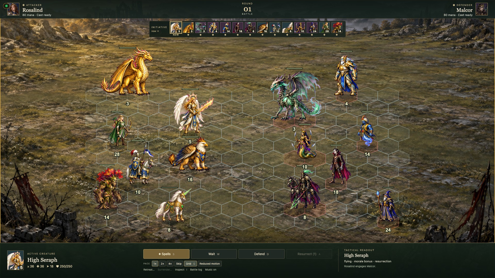 A tactical hex-grid battle with Rosalind's army, creature initiative, and spell controls.