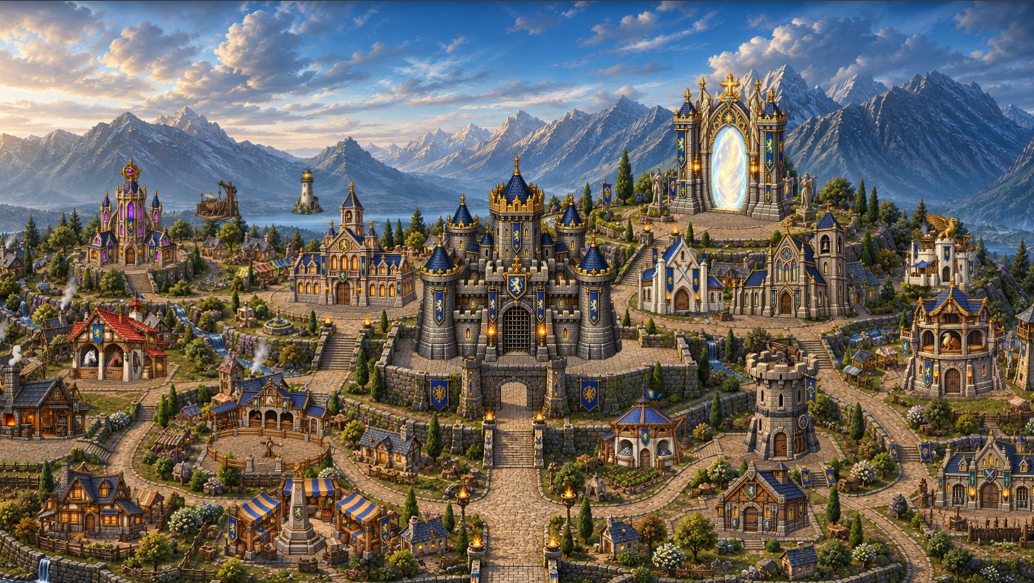 The golden towers and blue banners of Crownhold.