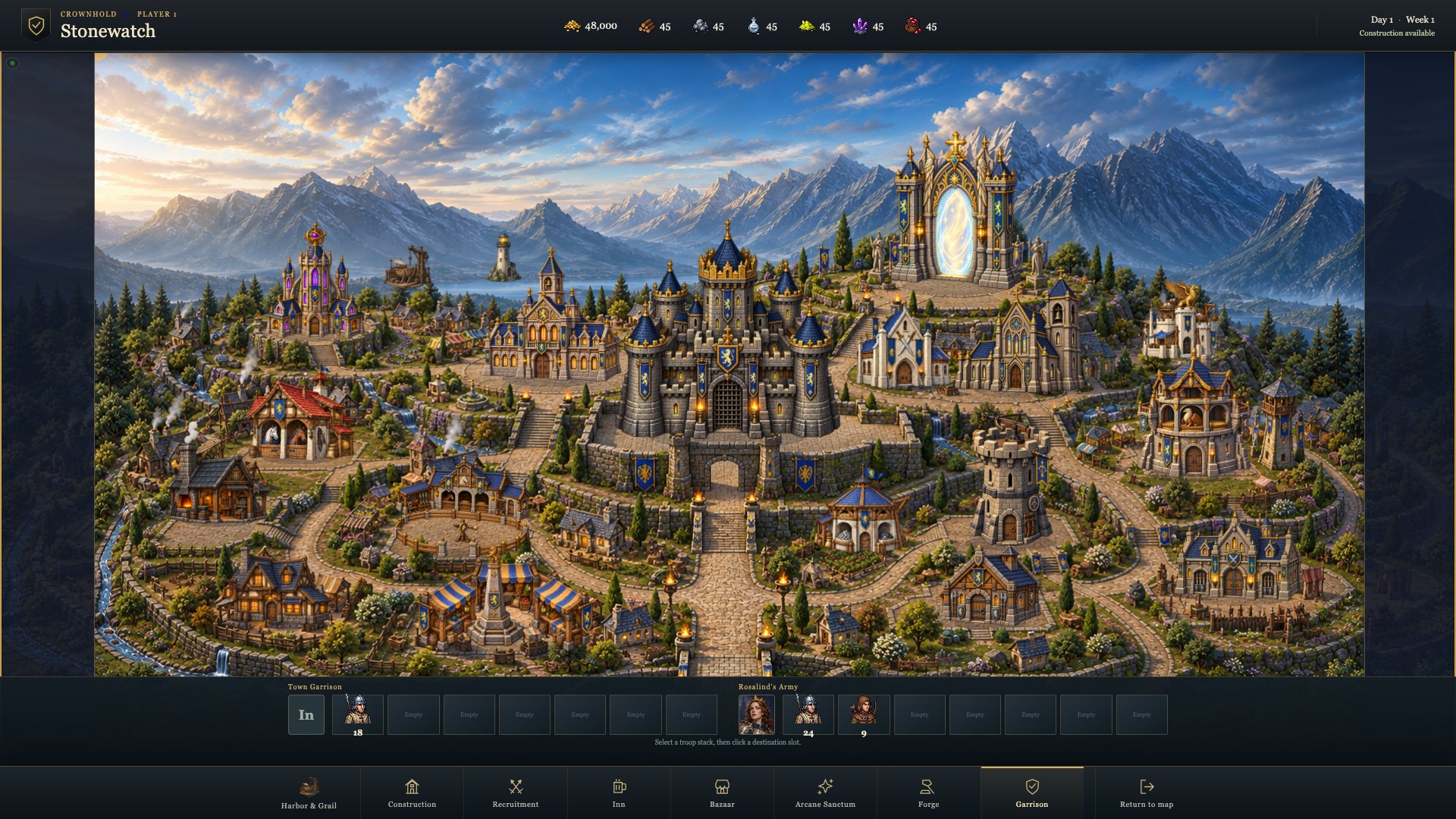 Stonewatch, a developed Crownhold town with its keep, creature dwellings, and mage guild.
